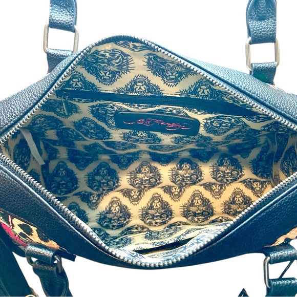 ED HARDY Cheetah Floral Skull Heart Diamond Tiger Vegan Leather Satchel Purse - Picture 5 of 8
